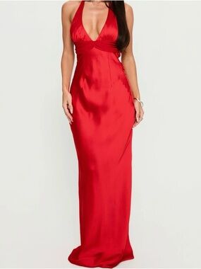 Sleek Red Satin Halter Gown